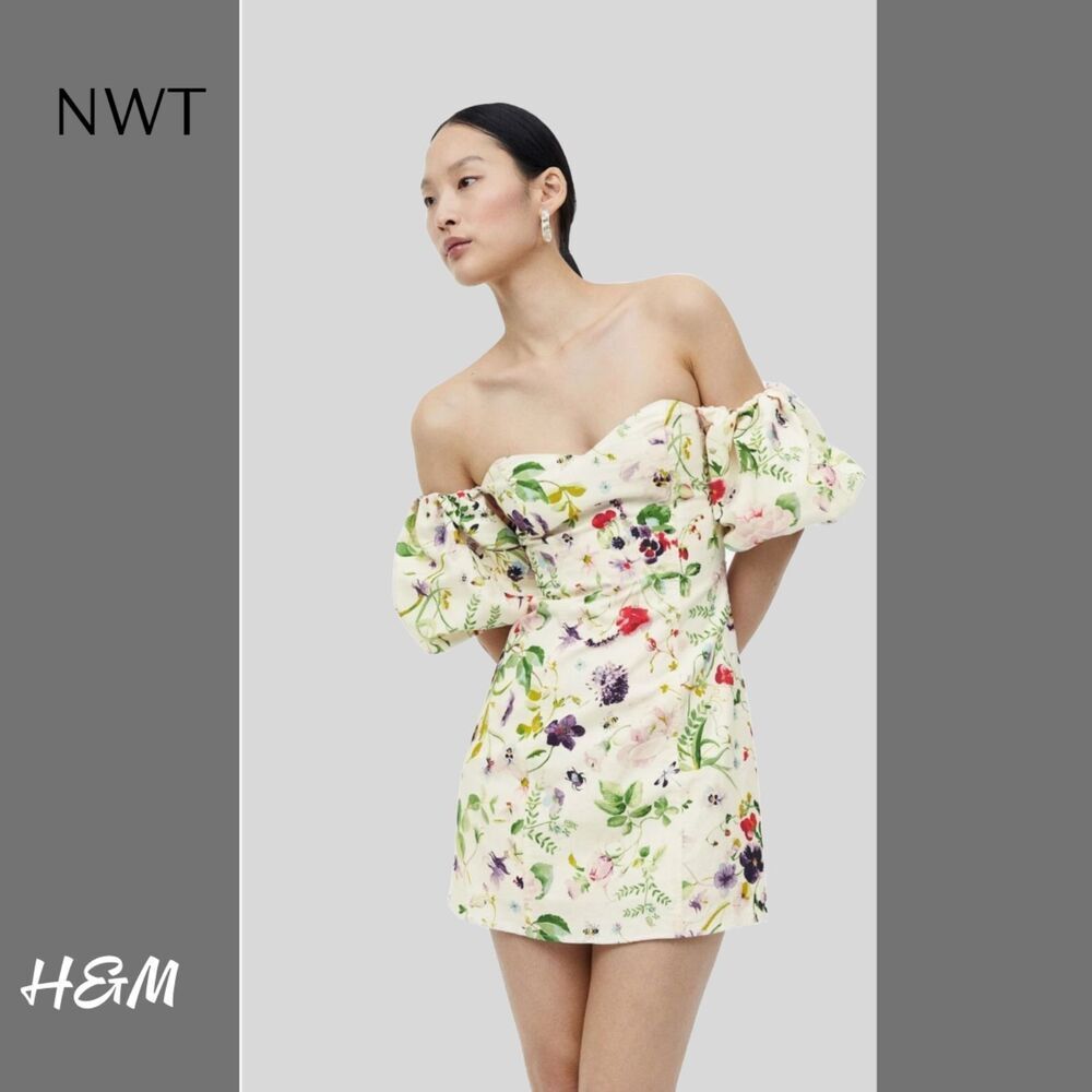 NWT H&M Cream Floral Off the Shoulders Mini Dress, Sz S